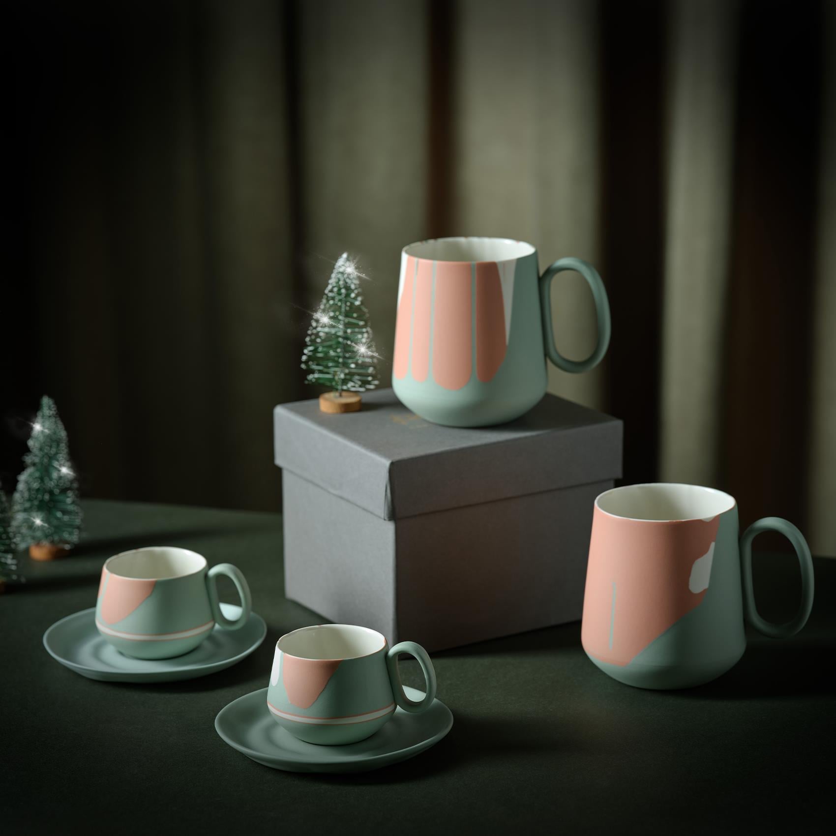 Tube Colour Wave Espresso Cup With Wavy Saucer Set Of 2 Nile-Nile&Coral&Ivory 