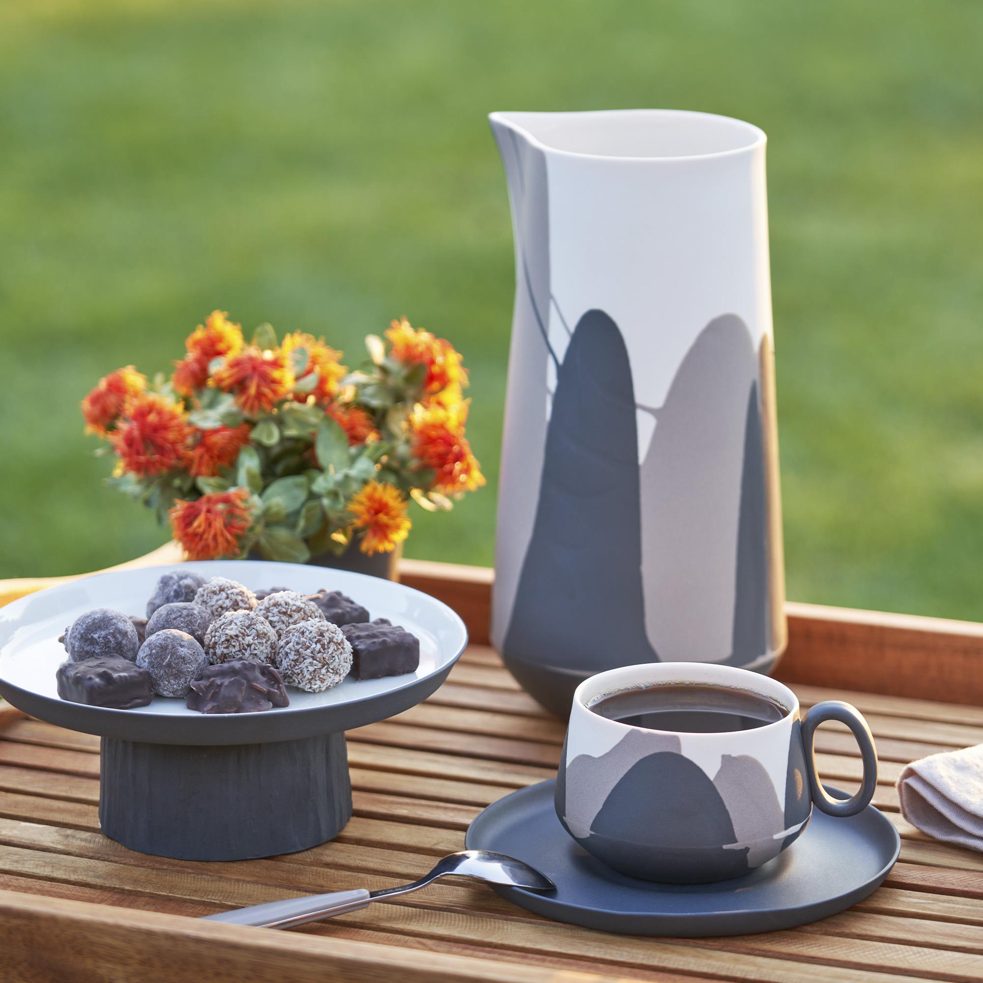 Tube Colour Wave Tea Cup Wıth Saucer Set Of 2 Black - Black & Rock & Ivory