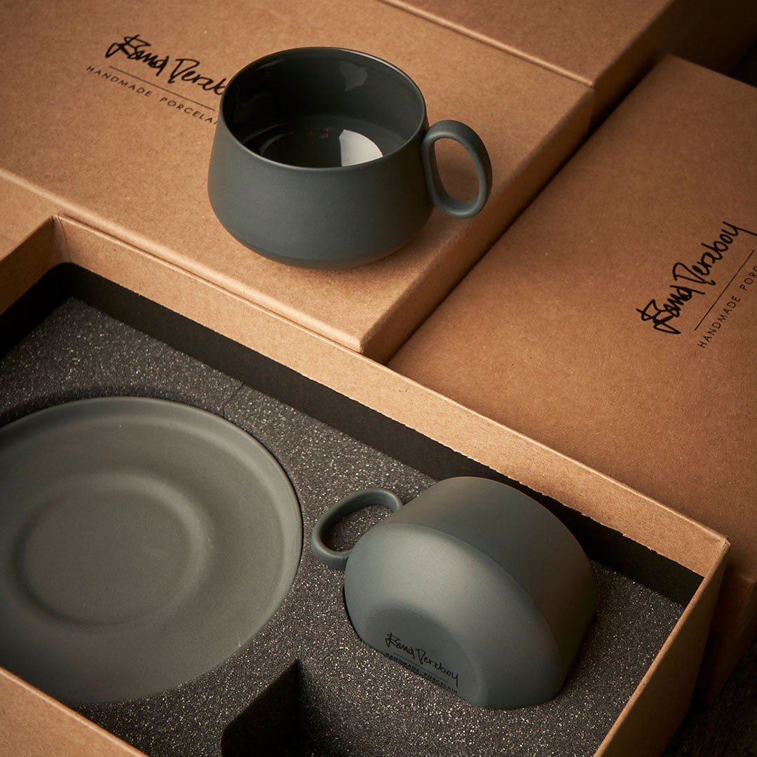 Tube Coffee/Tea Cup with Saucers Set of 2 Black - Black 200 ml 