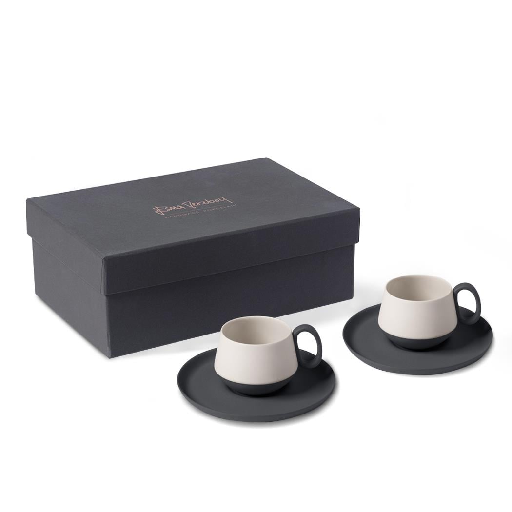 Tube Espresso Cup Wıth Saucer Set Of 2 Black - Black & Ivory