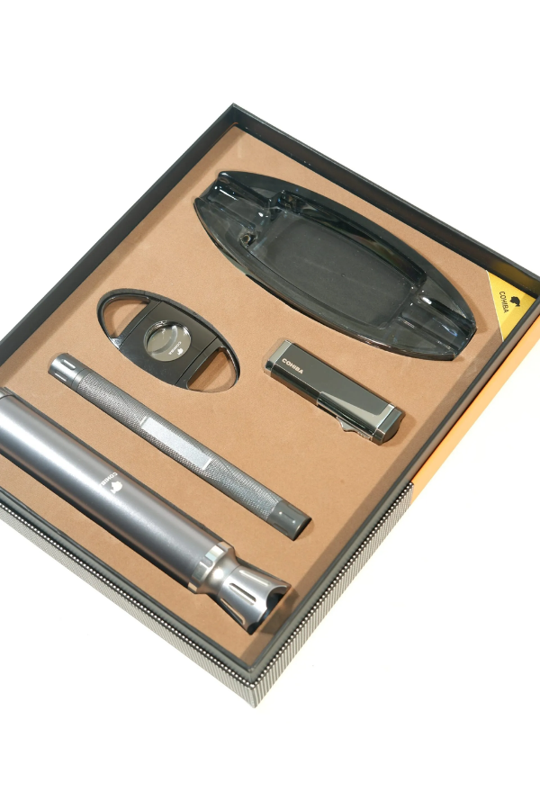 Cohiba 3 Torch Çakmak Tüp Delici Küllük Kesici Gümüş-Siyah Beşli Puro Seti TR9862