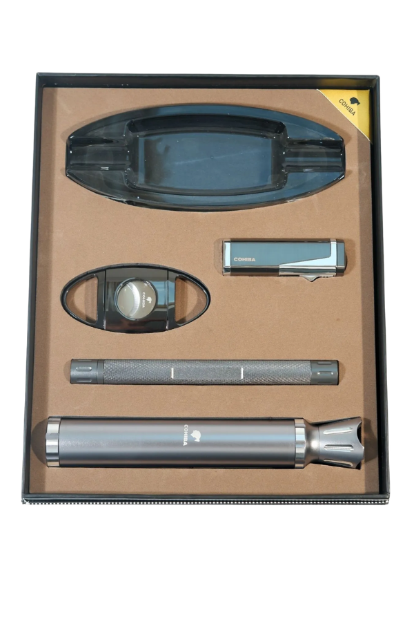 Cohiba 3 Torch Çakmak Tüp Delici Küllük Kesici Gümüş-Siyah Beşli Puro Seti TR9862