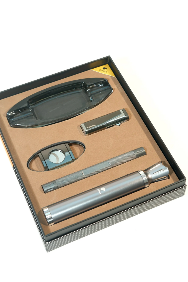 Cohiba 3 Torch Çakmak Tüp Delici Küllük Kesici Gümüş-Siyah Beşli Puro Seti TR9862
