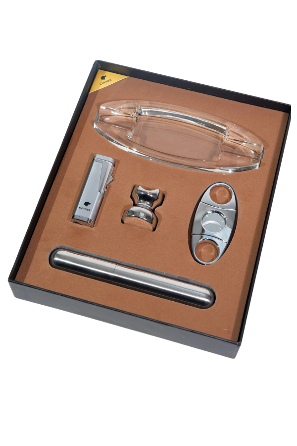 Cohiba Çakmak Kesici Küllük Sehpa Tüp Gümüş Beşli Puro Seti