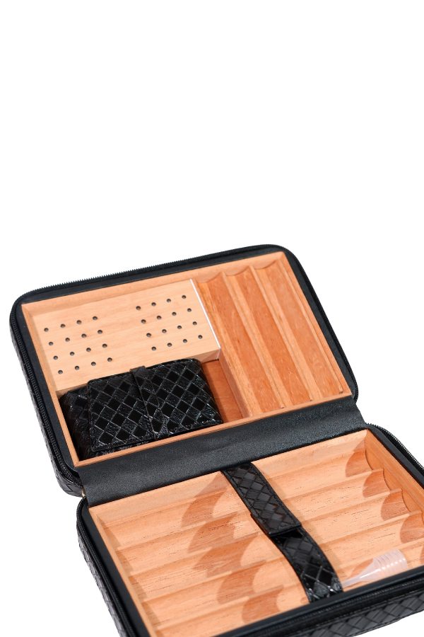 Cohiba Dahili Çakmaklı Siyah Mozaik Desenli Deri Puro Taşıma Çantası - Seyahat Humidoru