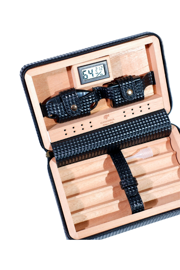 Cohiba Limitli Üretim Dahili Çakmak Kesici Dijital Nem Ölçerli Siyah Puro Taşıma Çantası - Seyahat Humidoru