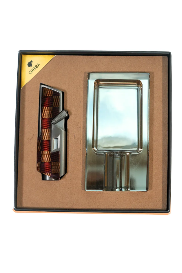 Cohiba Tek Torch Dama Desenli Çakmak Kristal Tekli Küllük İkili Puro Seti