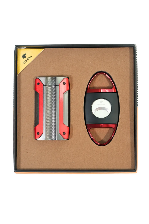 Cohiba Tek Torch Kırmızı Gunmetal Çakmak Kırmızı Siyah Kesici İkili Puro Seti