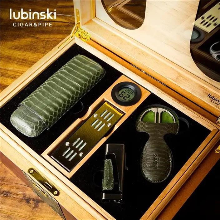 Lubinski Camlı Yılan Deri Ahşap Humidor Puro Kutusu Çakmak-Kesici-Kılıf Set LB-007