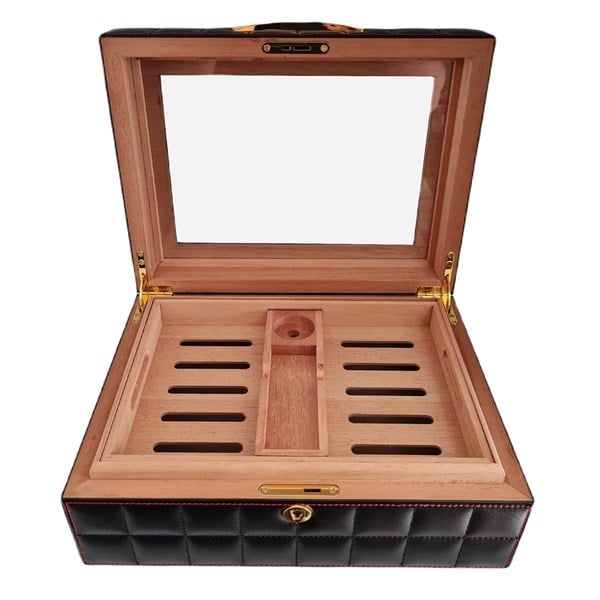 Lubinski Deri Camlı Humidor Puro Kutusu Siyah 50s LB-016
