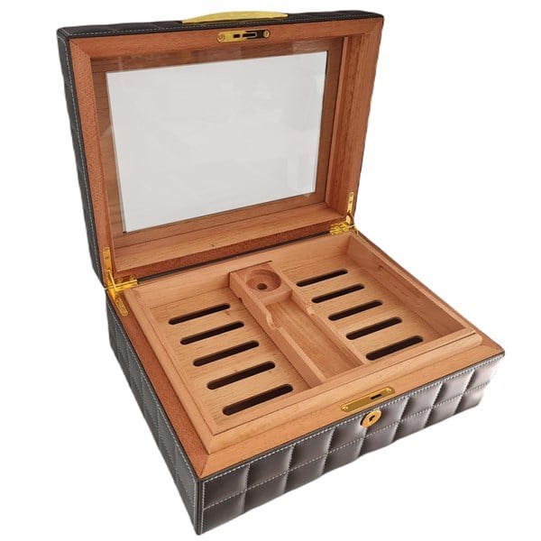 Lubinski Deri Camlı Humidor Puro Kutusu Gri 50s LB-026