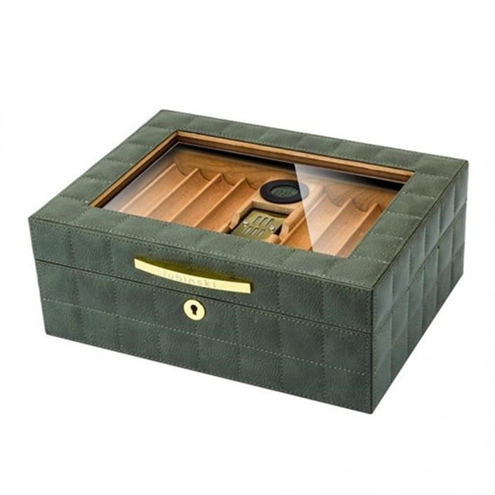 Lubinski Deri Camlı Humidor Puro Kutusu Yeşil 50s LB-012