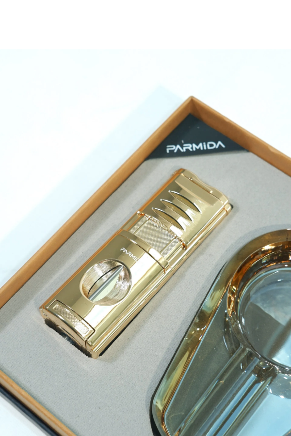 Parmida 3 Torch Ahşap Gold Çakmak Gold Kristal Tekli Küllük İkili Puro Seti