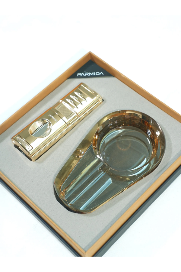 Parmida 3 Torch Ahşap Gold Çakmak Gold Kristal Tekli Küllük İkili Puro Seti