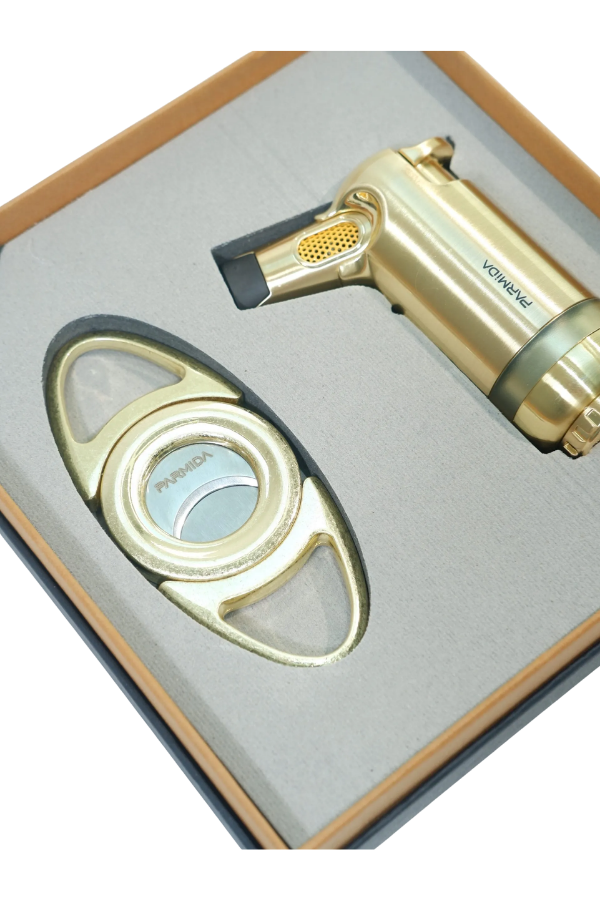 Parmida 3 Torch Gold Masa Tipi Çakmak Fırçalı Gold Kesici İkili Puro Seti