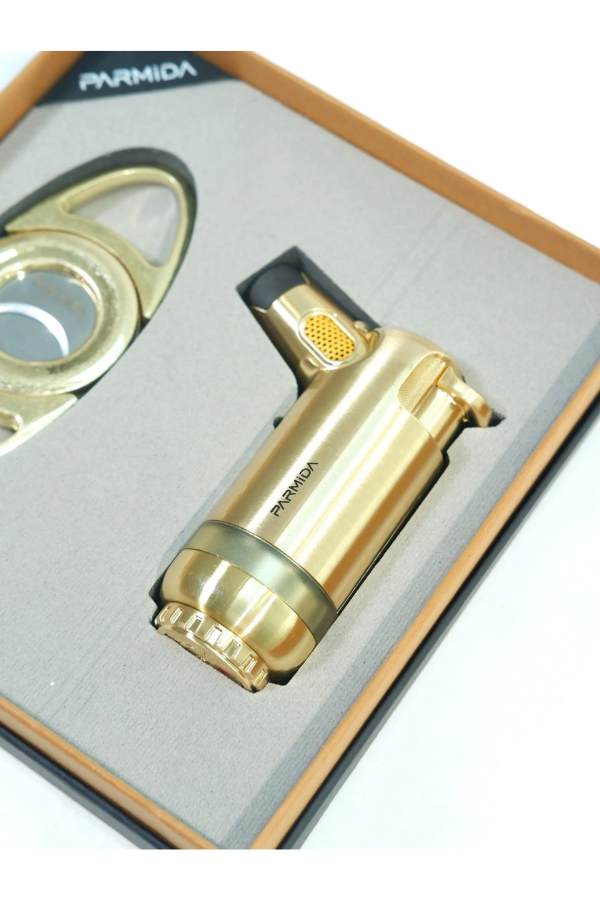 Parmida 3 Torch Gold Masa Tipi Çakmak Fırçalı Gold Kesici İkili Puro Seti