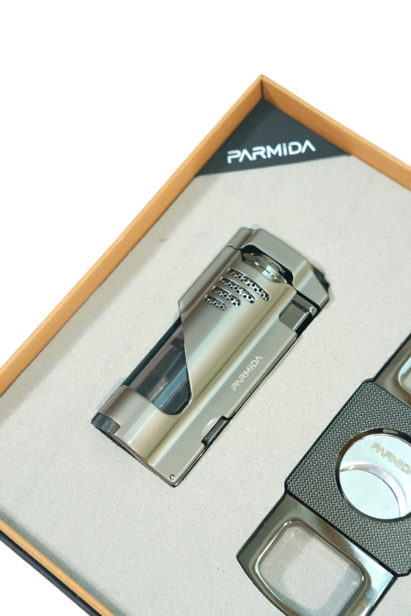 Parmida 3 Torch Gunmetal Çakmak Gunmetal Kesici İkili Puro Seti