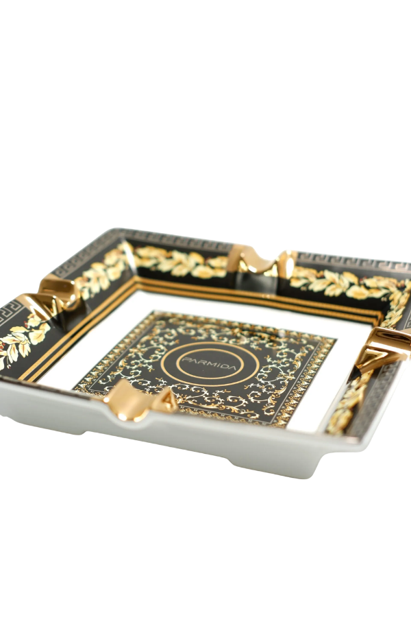 Parmida Siyah Gold Şeritli Desenli Dörtlü Porselen Puro Küllüğü - TR9713