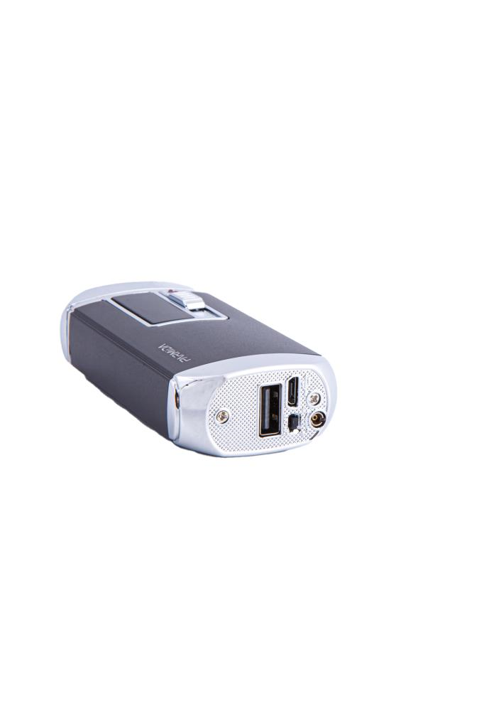 Parmida Siyah-Gümüş Multifonksiyonel Çakmak (Tek Torch Pürmüz Puro Çakmağı, Elektrikli Çakmak, Powerbank, El Feneri)