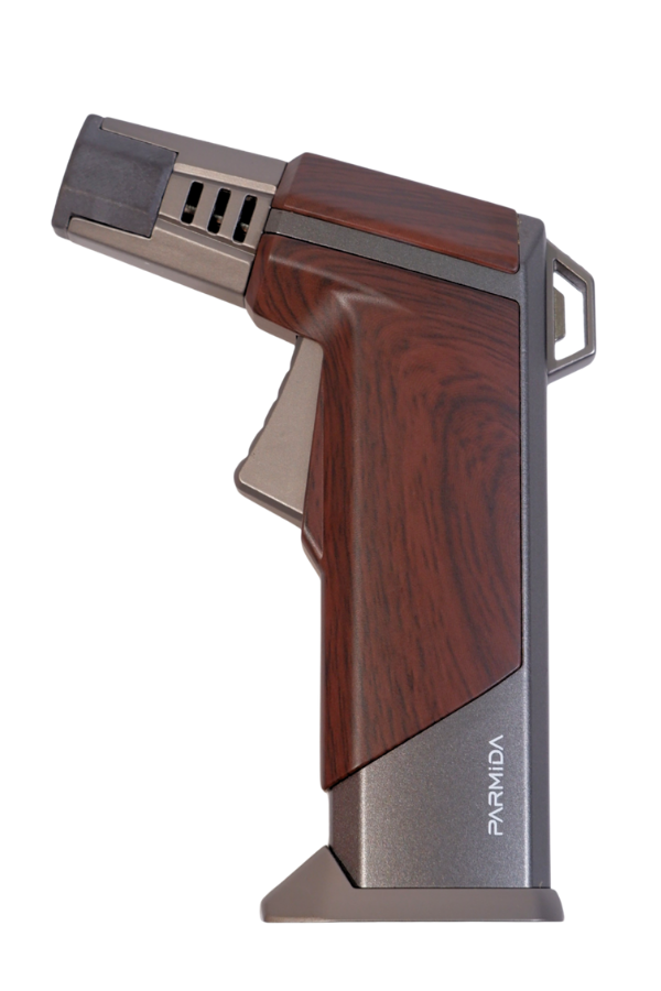 Parmida Tek Torch Pürmüz Ahşap Desenli Gunmetal Masa Tipi Metal Puro Çakmağı