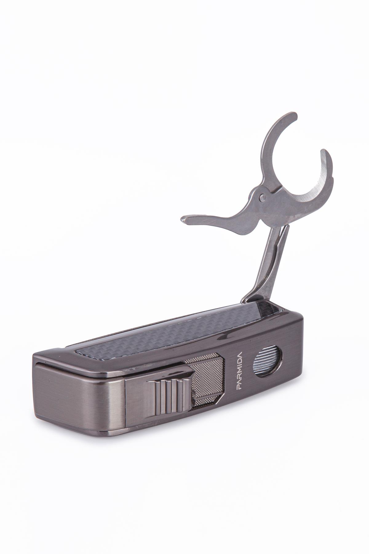 Parmida Tek Torch Pürmüz Gunmetal-Ahşap Desenli Dahili Puro Makaslı Metal Puro Çakmağı