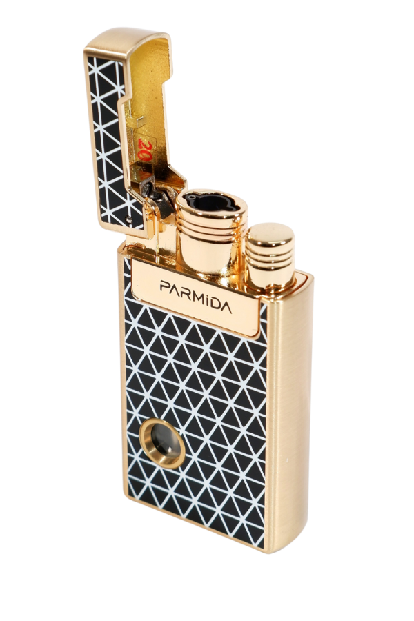 Parmida Tek Torch Pürmüz Soft Flame Özellikli Gold Siyah-Beyaz Mozaik Desenli Metal Puro Çakmağı