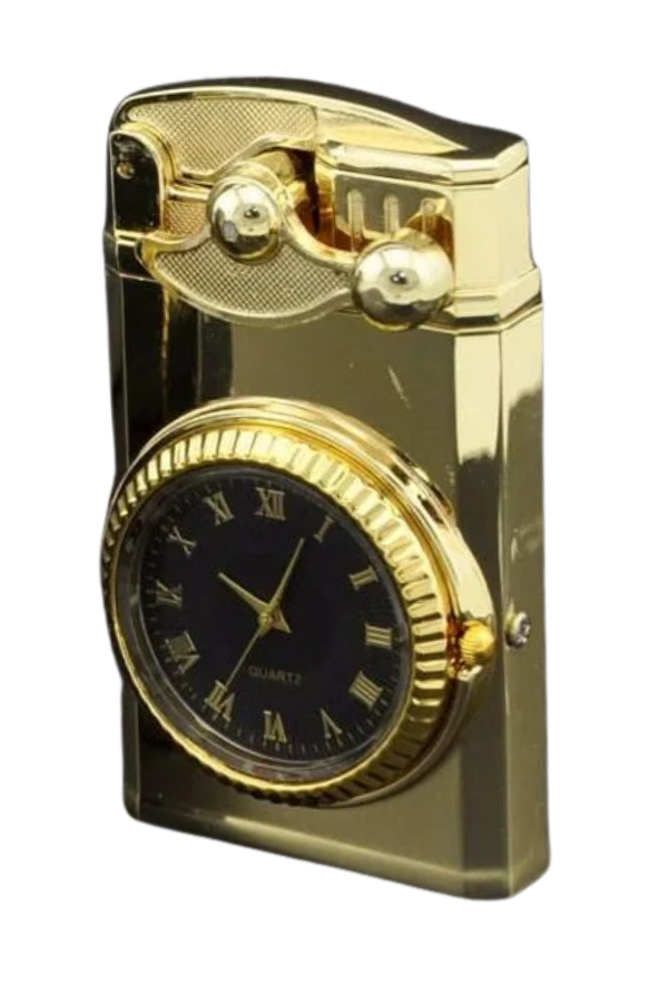 PremiumQuality Gold Saat Desenli Çift Torch Pürmüz Metal Puro Çakmağı