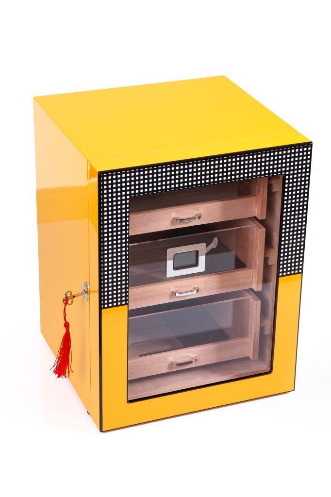 PremiumQuality Sarı Cohiba Desenli 4 Çekmeceli Sedir Humidor Puro Kutusu