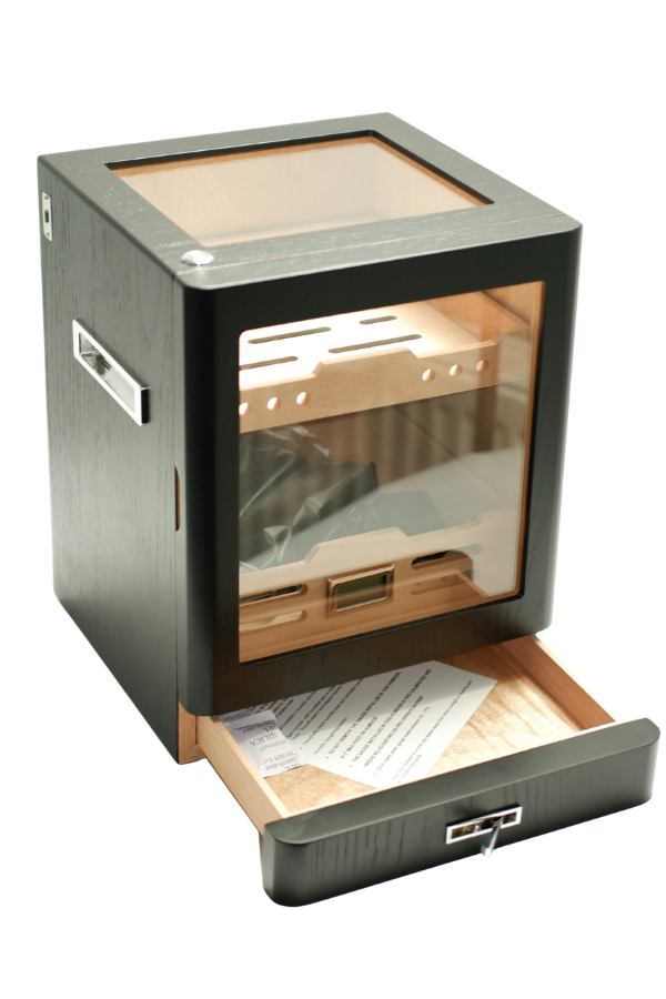 PremiumQuality Sucre Aksesuar Çekmeceli İçi Ledli Siyah Sedir Humidor Puro Kutusu
