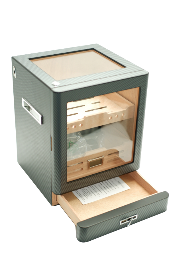 PremiumQuality Sucre Aksesuar Çekmeceli İçi Ledli Karbon Desenli Sedir Humidor Puro Kutusu - TR9647