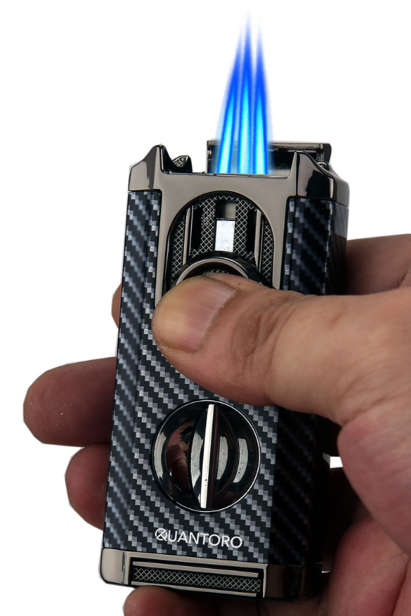 Quantoro 3 Torch Pürmüz V-Cut Siyah Karbon Desenli Metal Puro Çakmağı