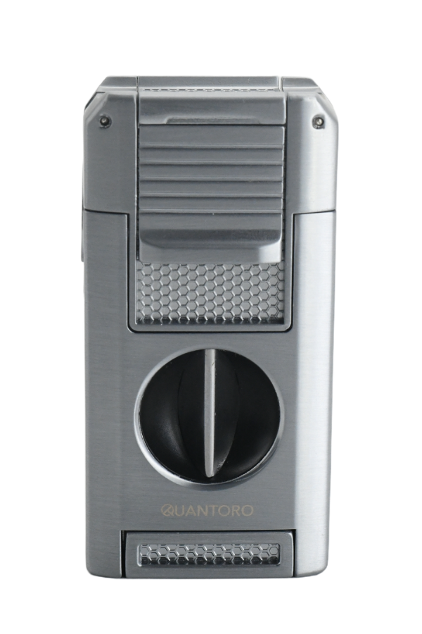 Quantoro Çift Torch Pürmüz V-Cut/Delicili/İğneli Gümüş Metal Puro Çakmağı