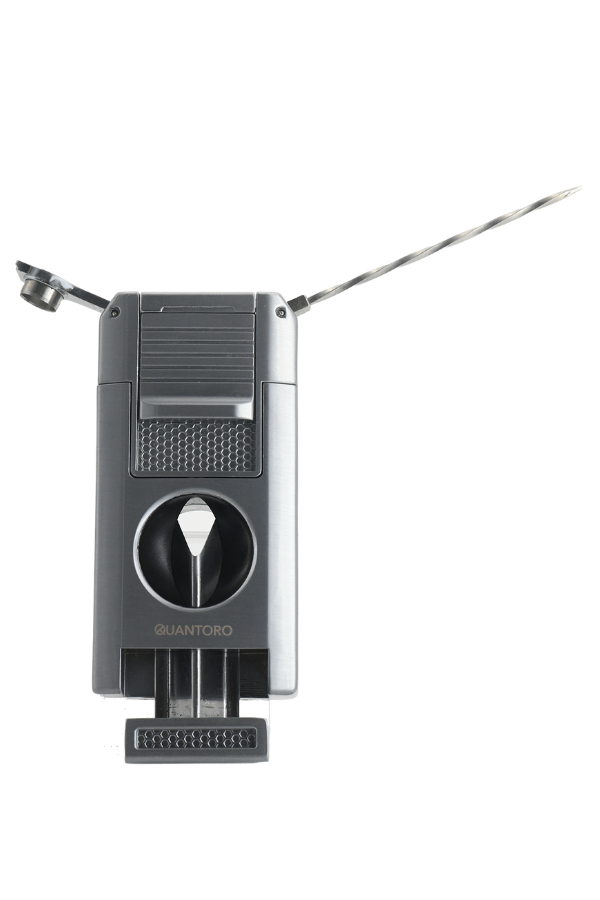 Quantoro Çift Torch Pürmüz V-Cut/Delicili/İğneli Gümüş Metal Puro Çakmağı