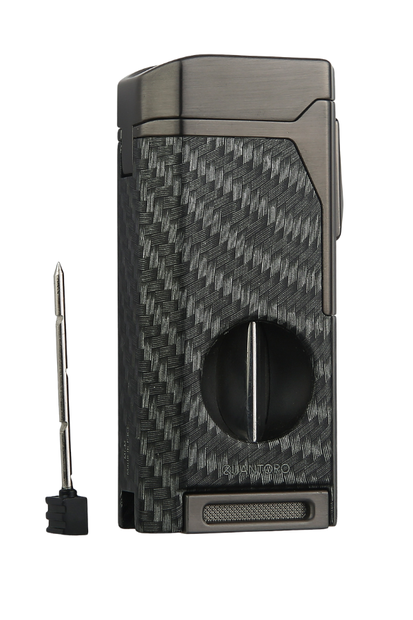 Quantoro Dört Torch Pürmüz V-Kesici/Delicili Siyah Karbon Desenli Metal Puro Çakmağı