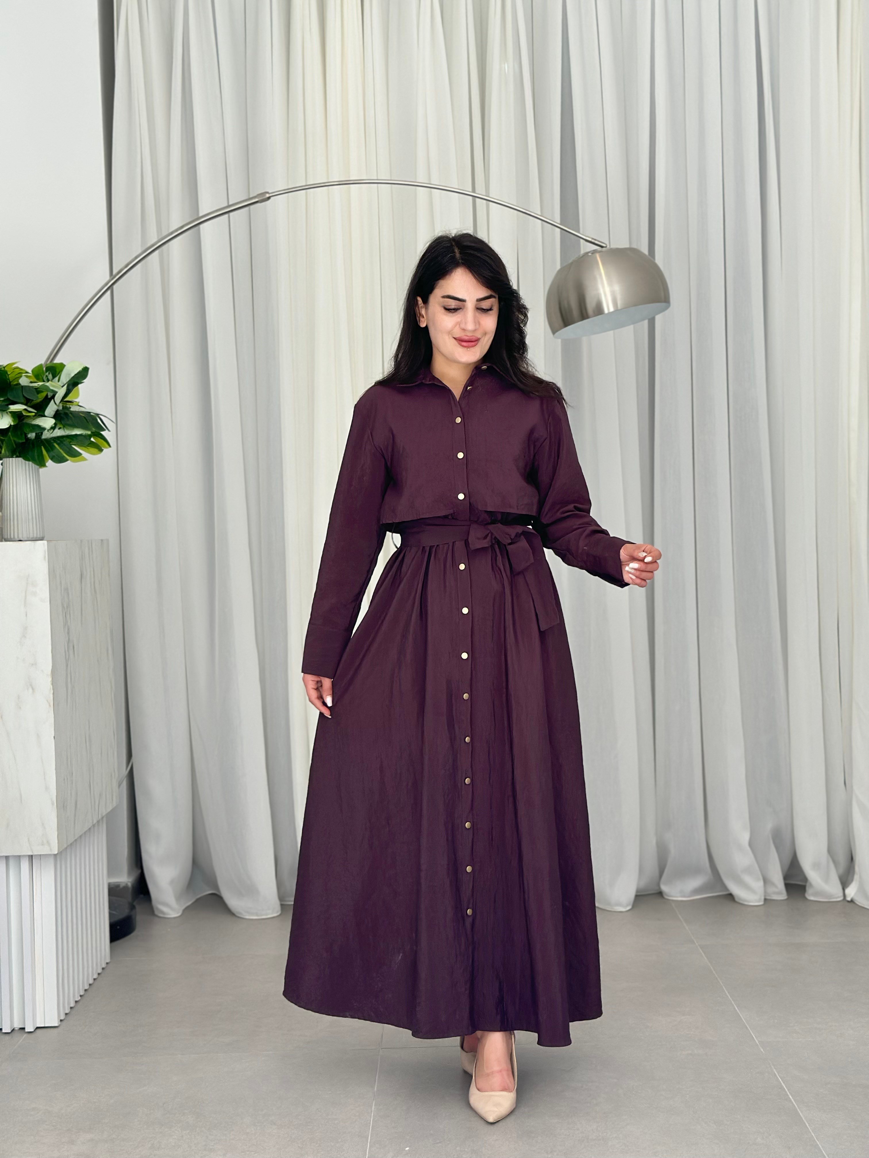 Alina Gömlek Yaka Kuşaklı Gömlek Elbise Mürdüm