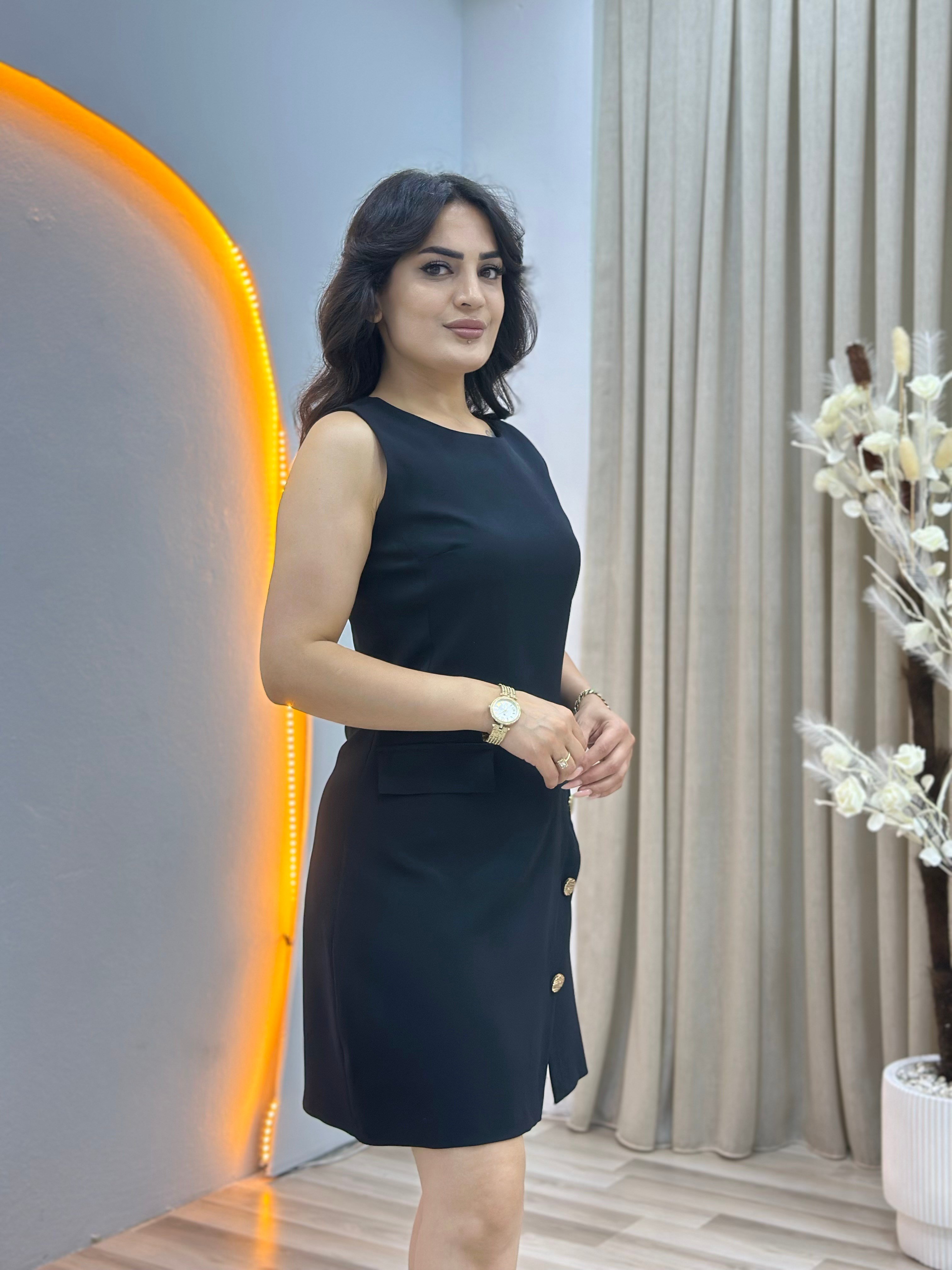Aza Siyah Gold Düğmeli Asimetrik Kesim Elbise D166