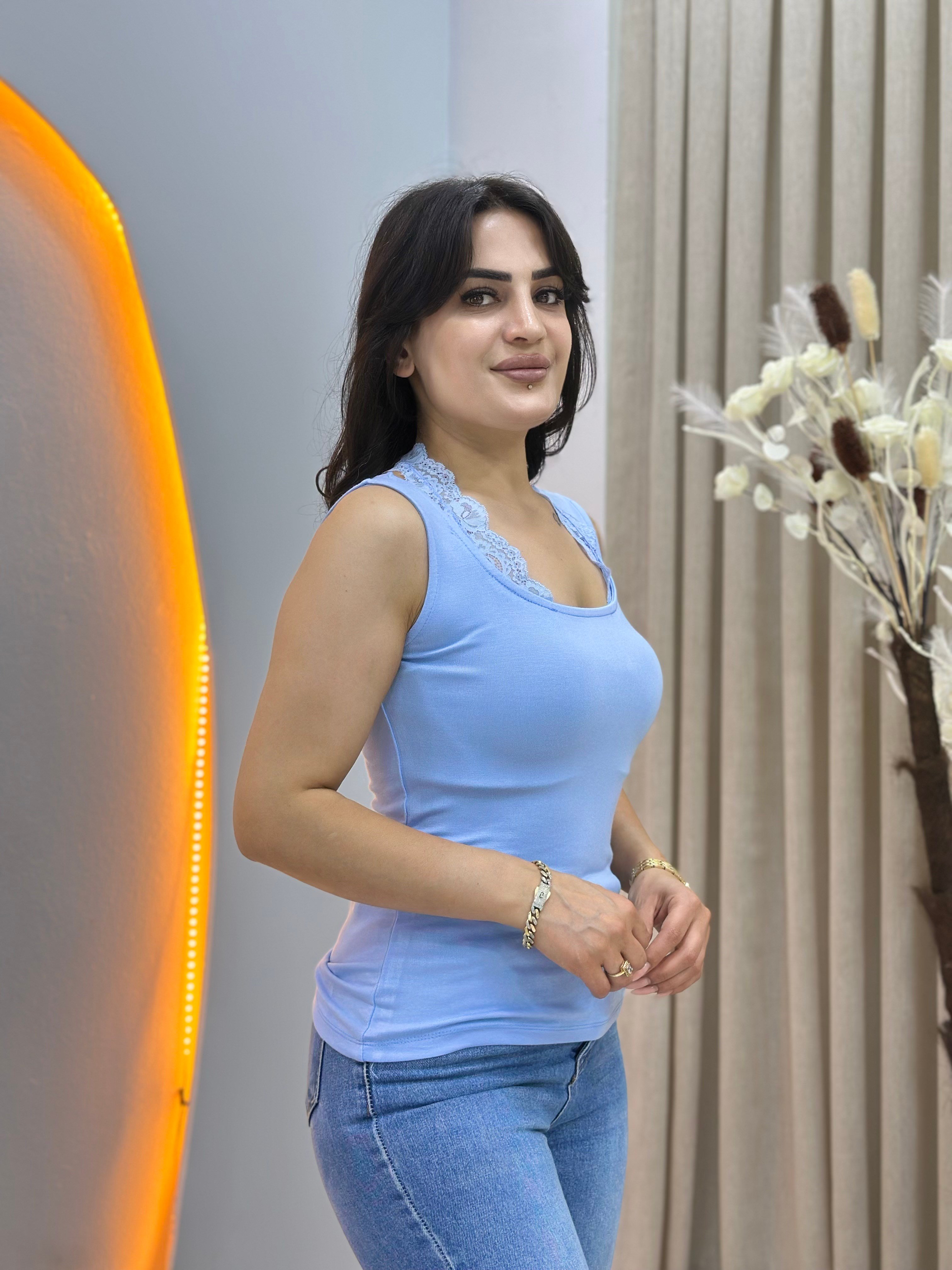 Bade Mavi U Yaka Dantel Detaylı Pamuklu Atlet D158