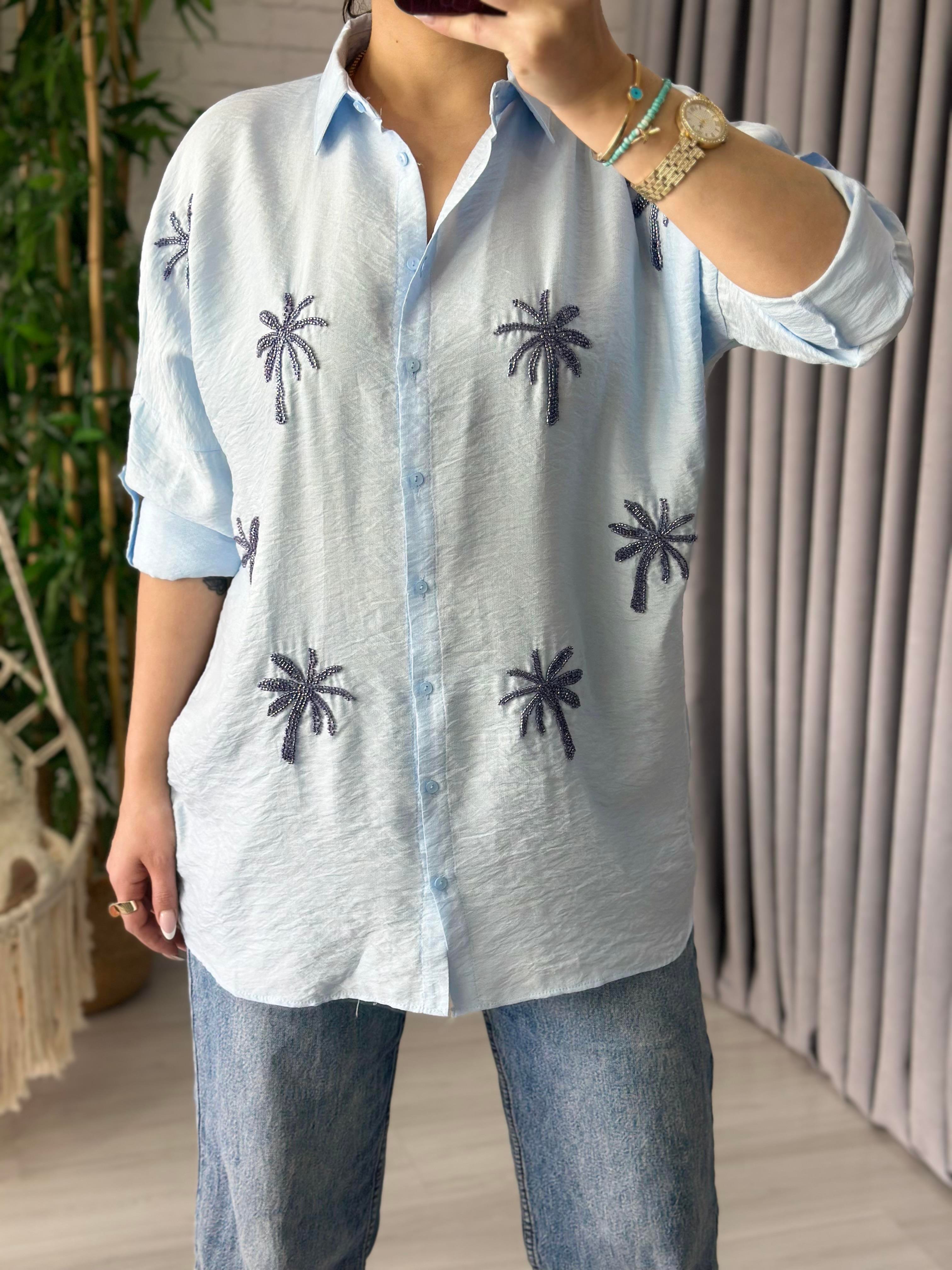 Bebe Mavisi Palmiye Boncuk İşlemeli Oversize Gömlek