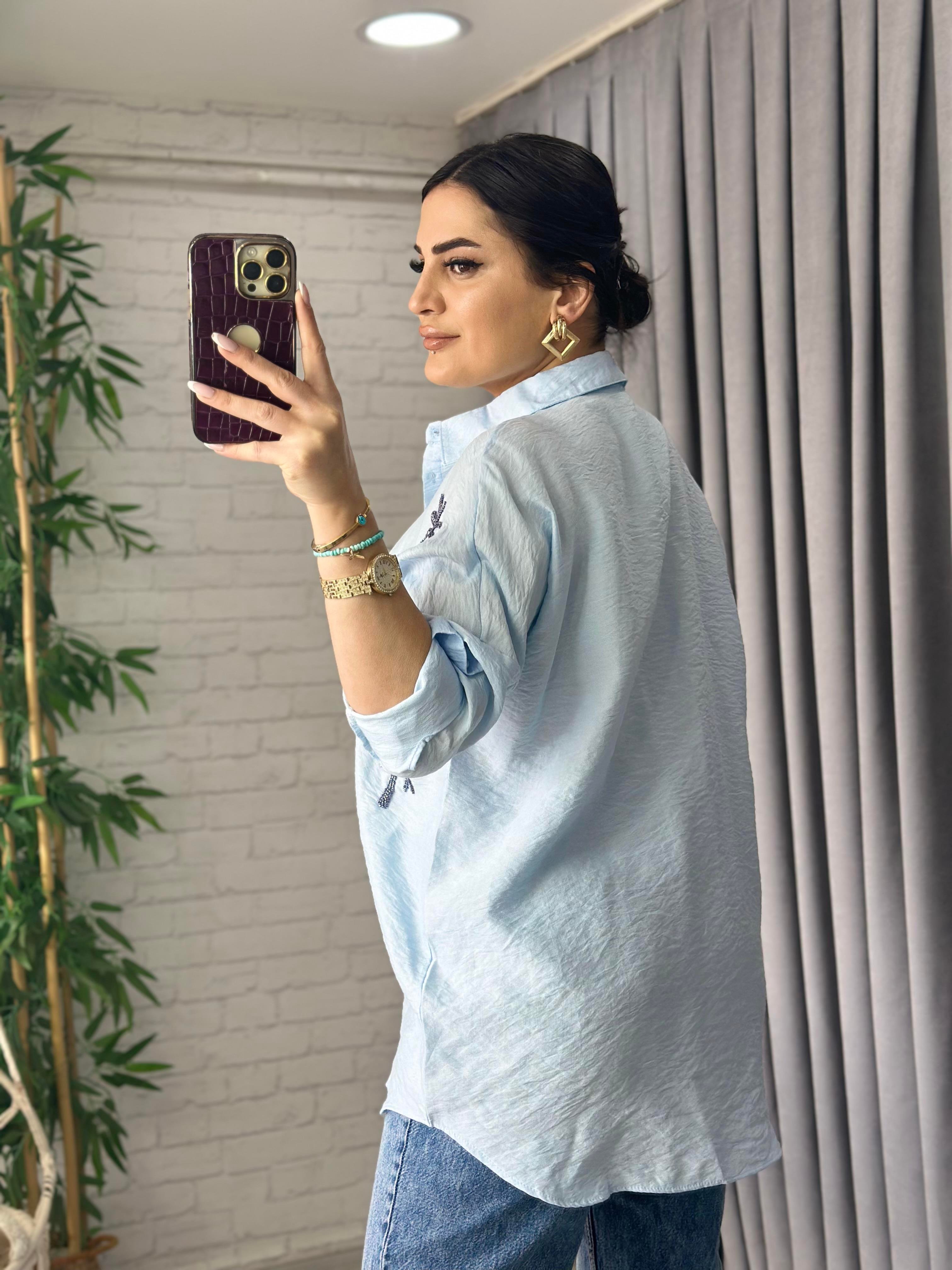 Bebe Mavisi Palmiye Boncuk İşlemeli Oversize Gömlek