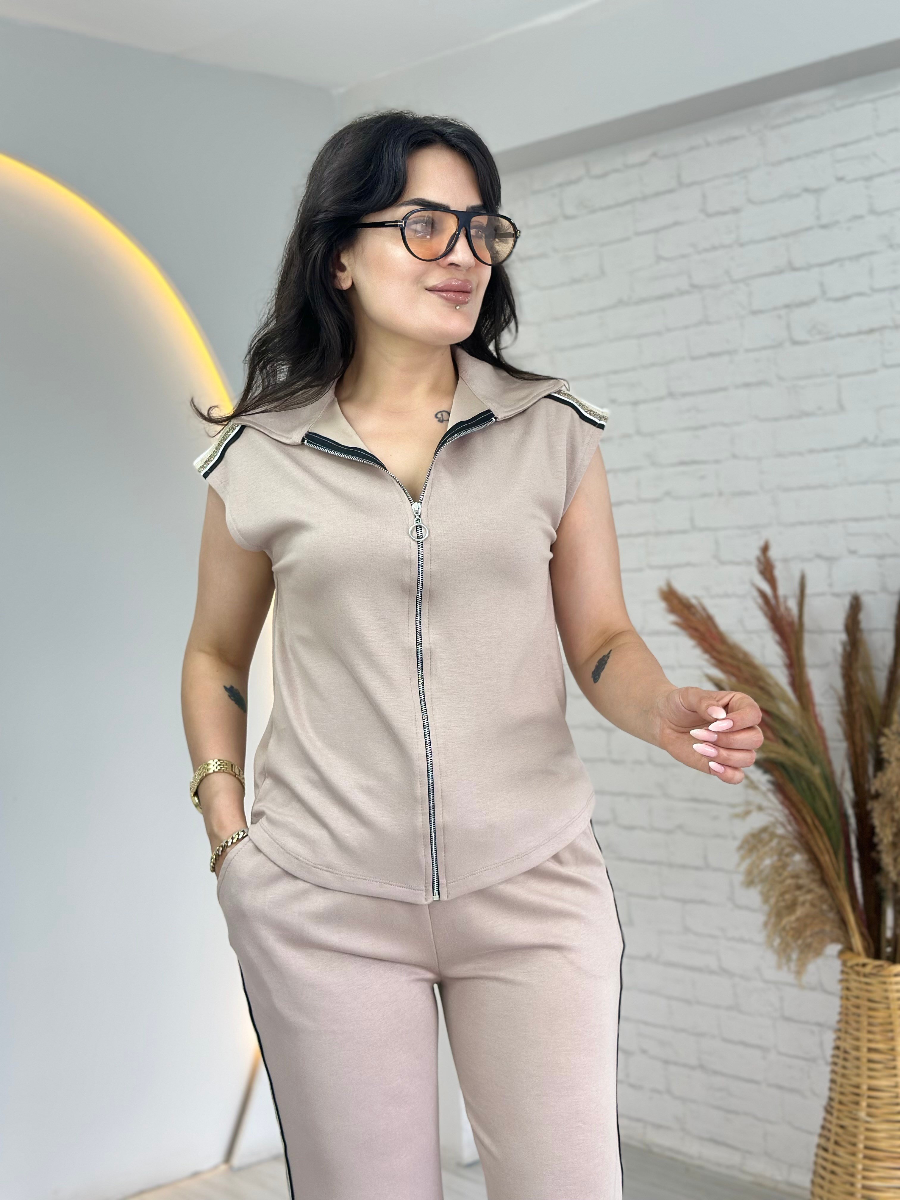 Bitex Bej  Fermuarlı Şerit Detaylı Yumuşak Dokulu Modal Eşofman Takım D140