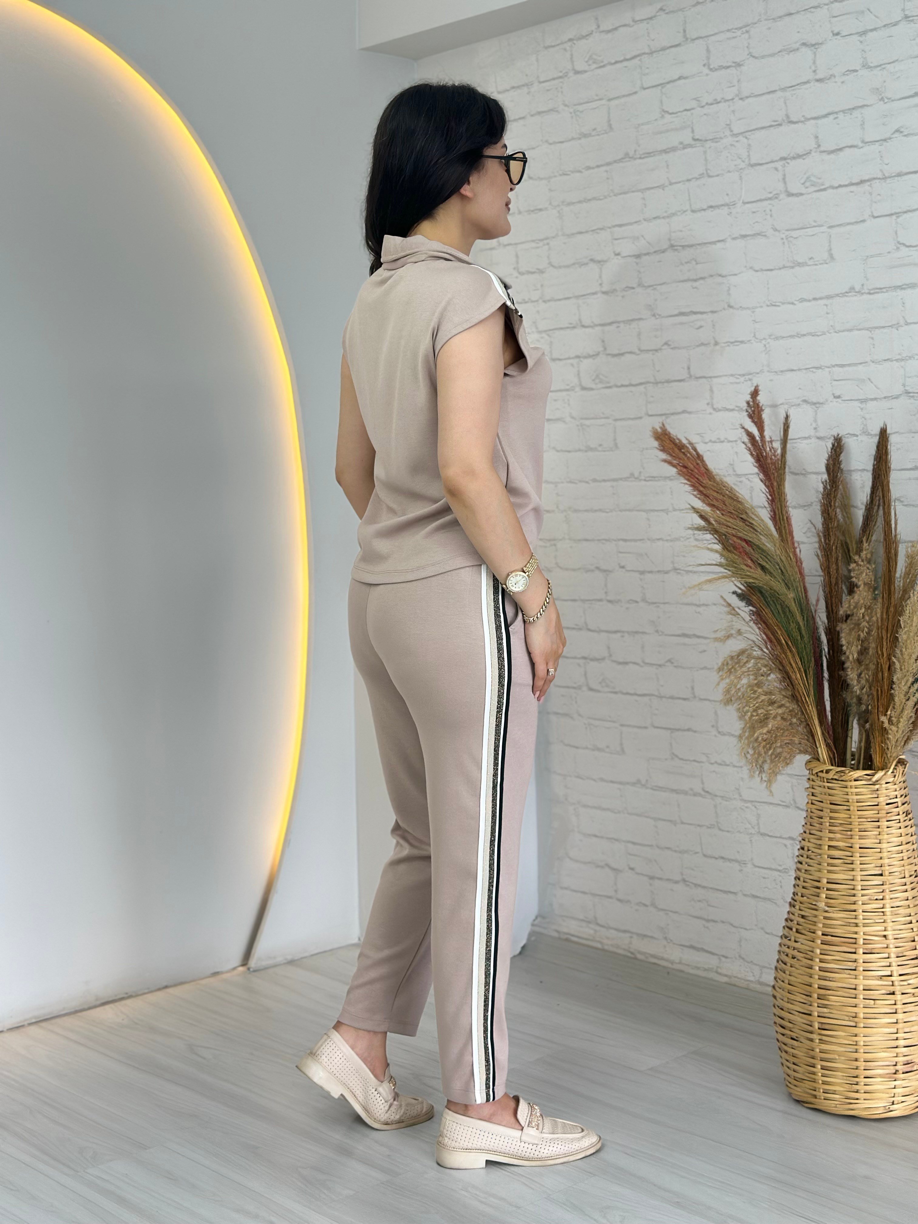 Bitex Bej  Fermuarlı Şerit Detaylı Yumuşak Dokulu Modal Eşofman Takım D140