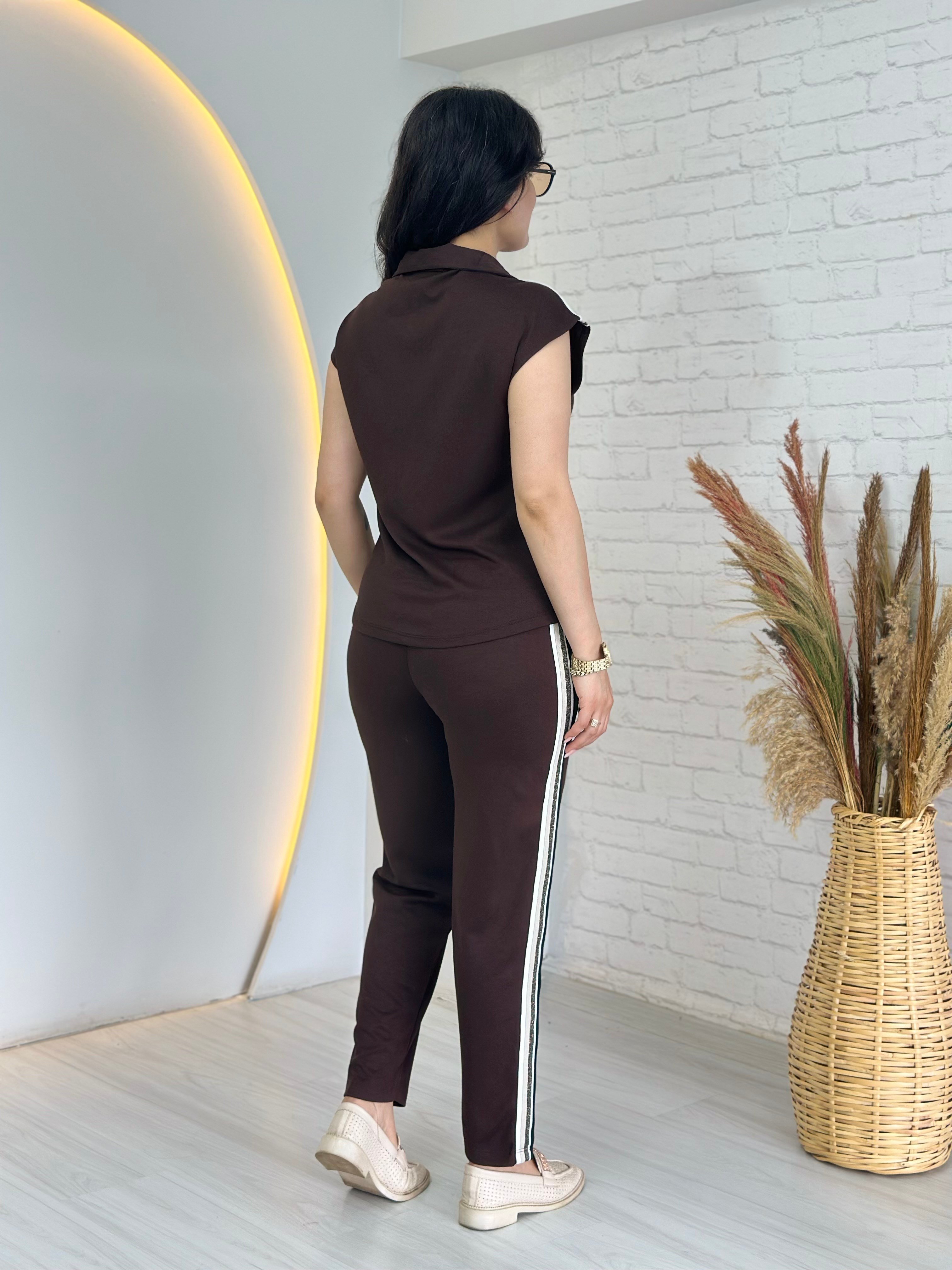 Bitex Kahve Fermuarlı Şerit Detaylı Yumuşak Dokulu Modal Eşofman Takım D140