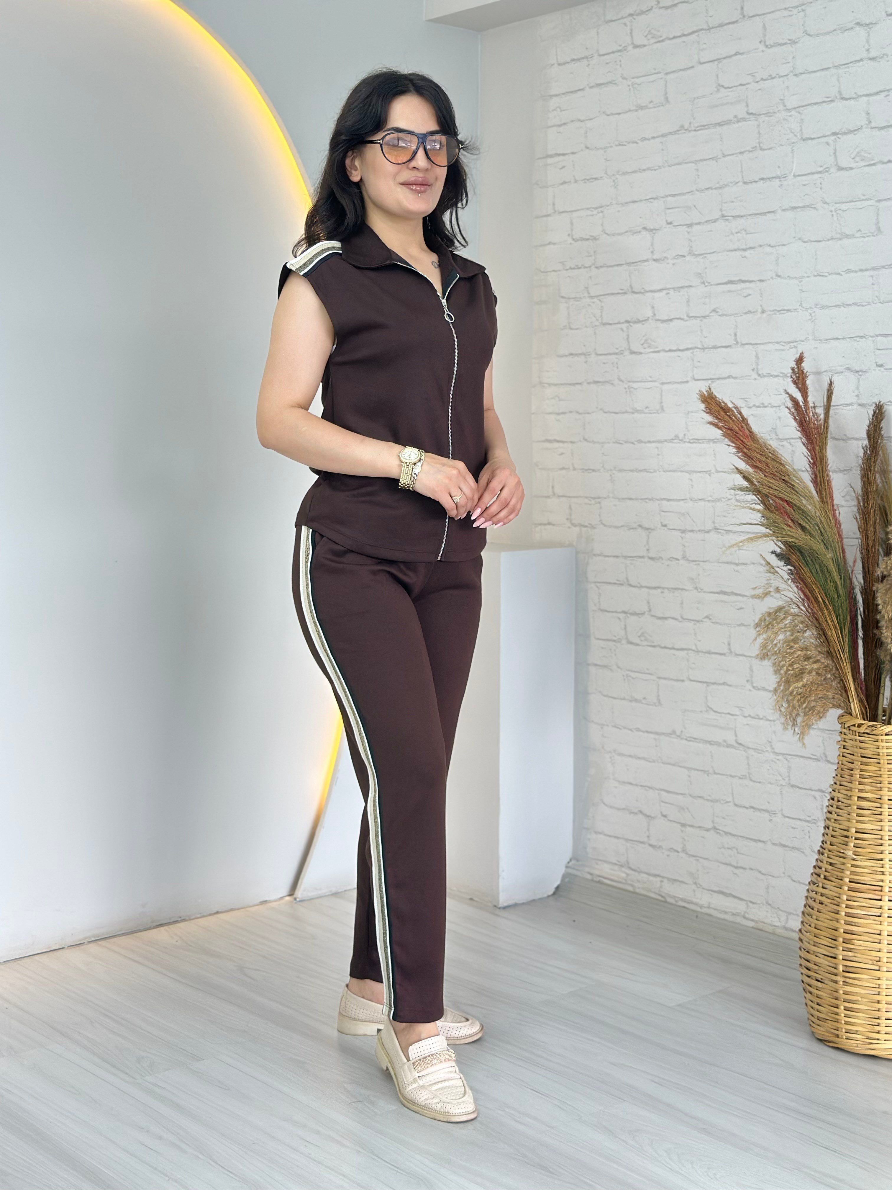 Bitex Kahve Fermuarlı Şerit Detaylı Yumuşak Dokulu Modal Eşofman Takım D140