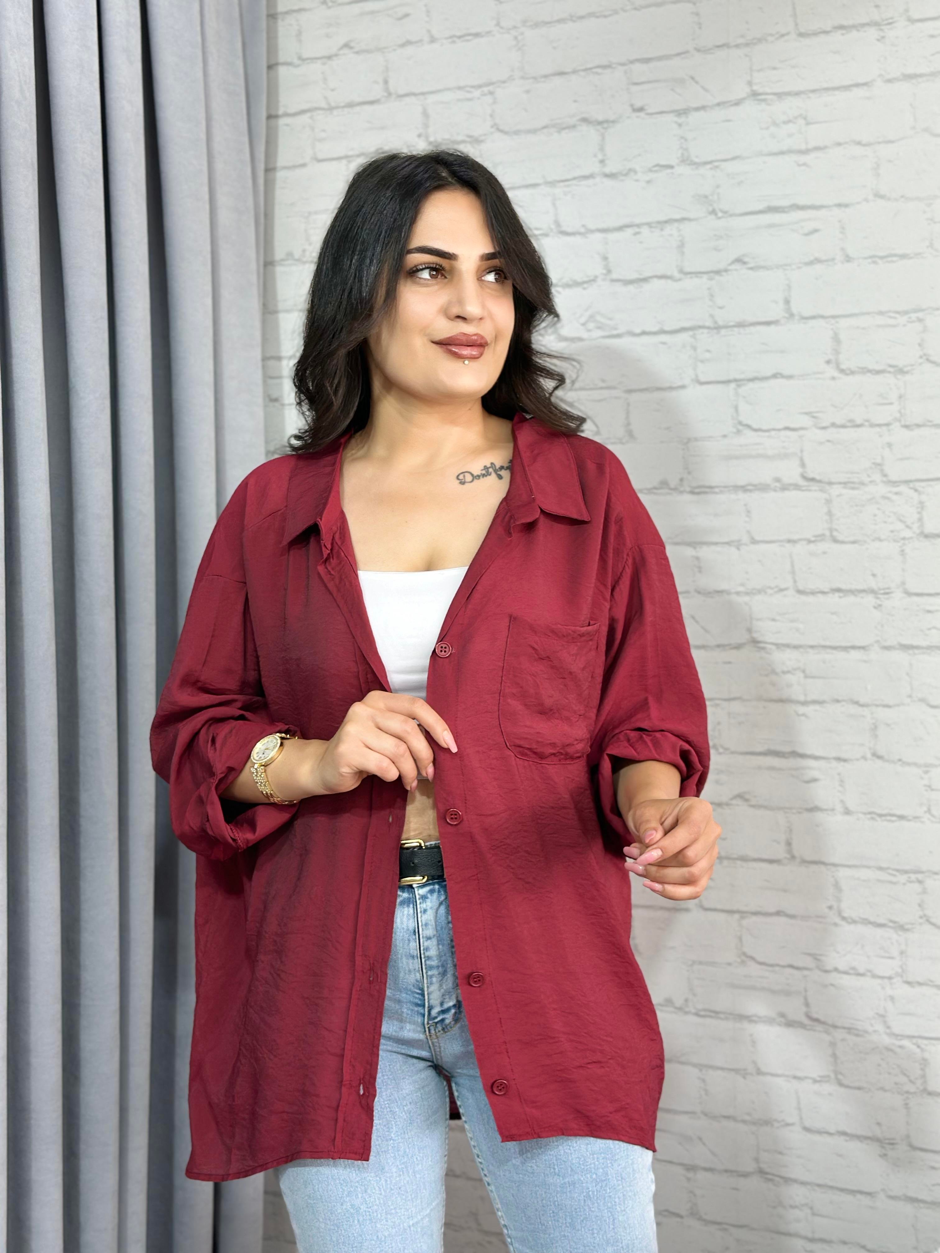 Bordo Tensel Bambu Oversize Cepli Gömlek