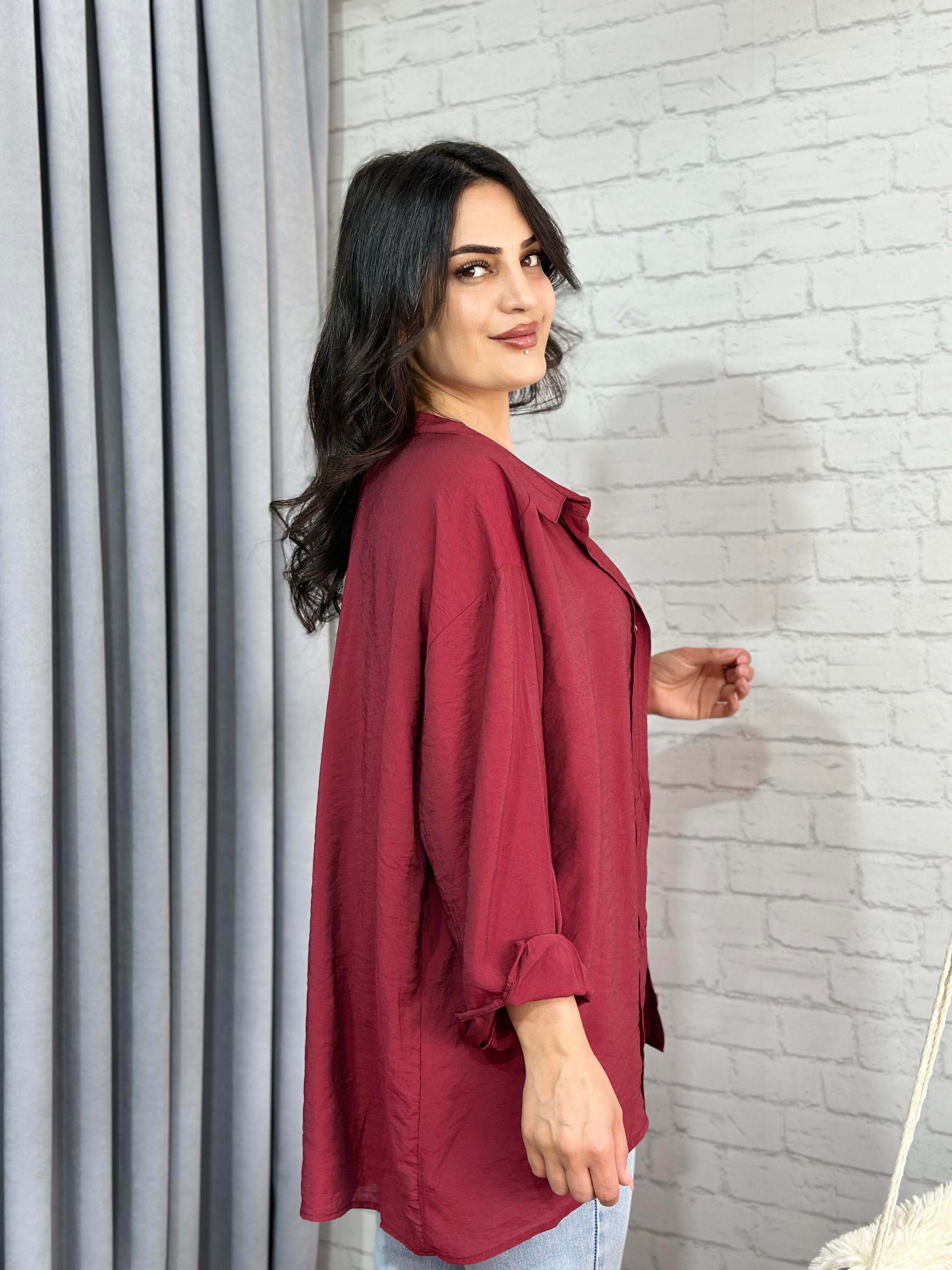 Bordo Tensel Bambu Oversize Cepli Gömlek