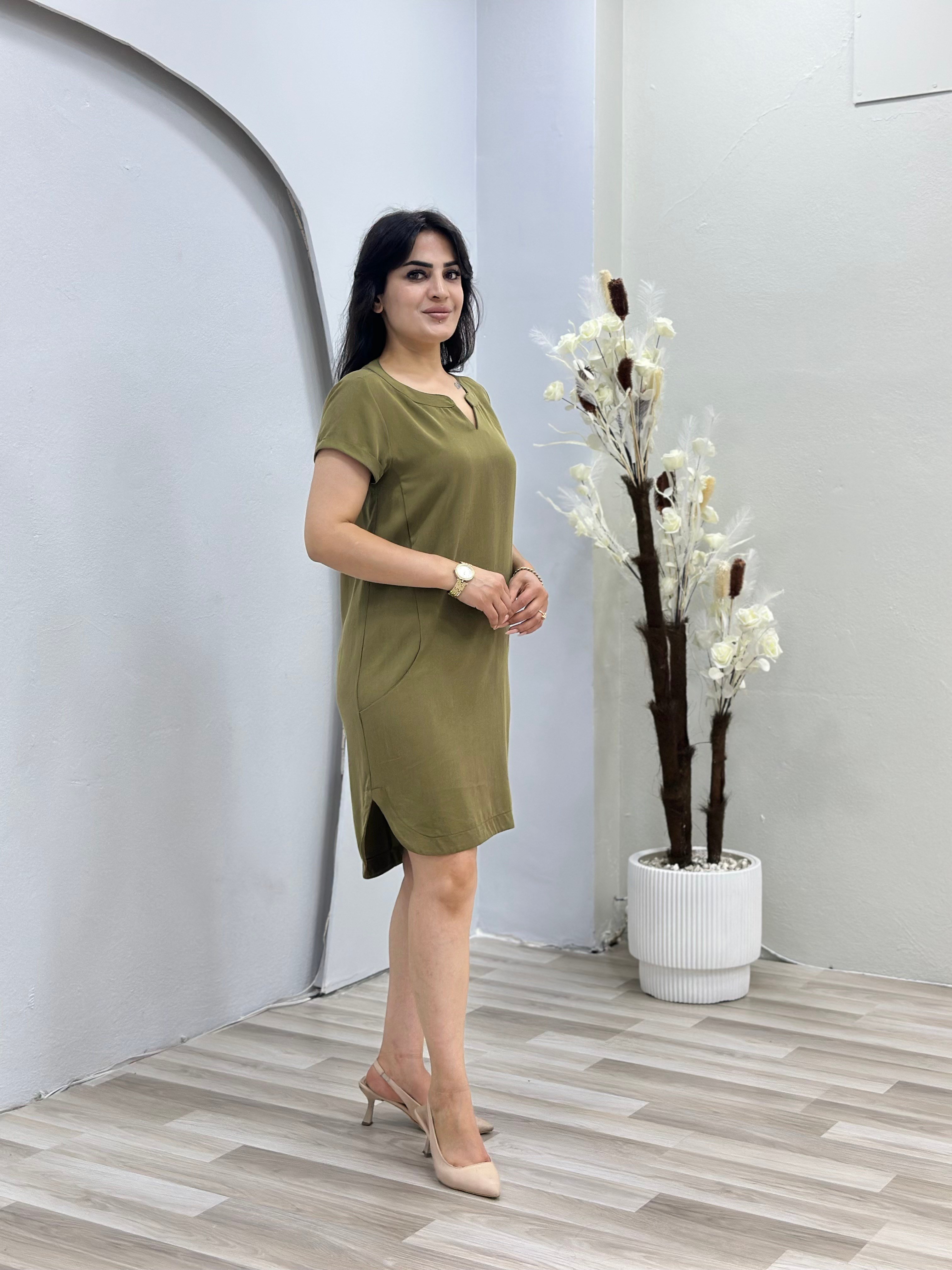 Bukle Haki Yeşili V Yaka Cepli Rahat Kesim Elbise D147