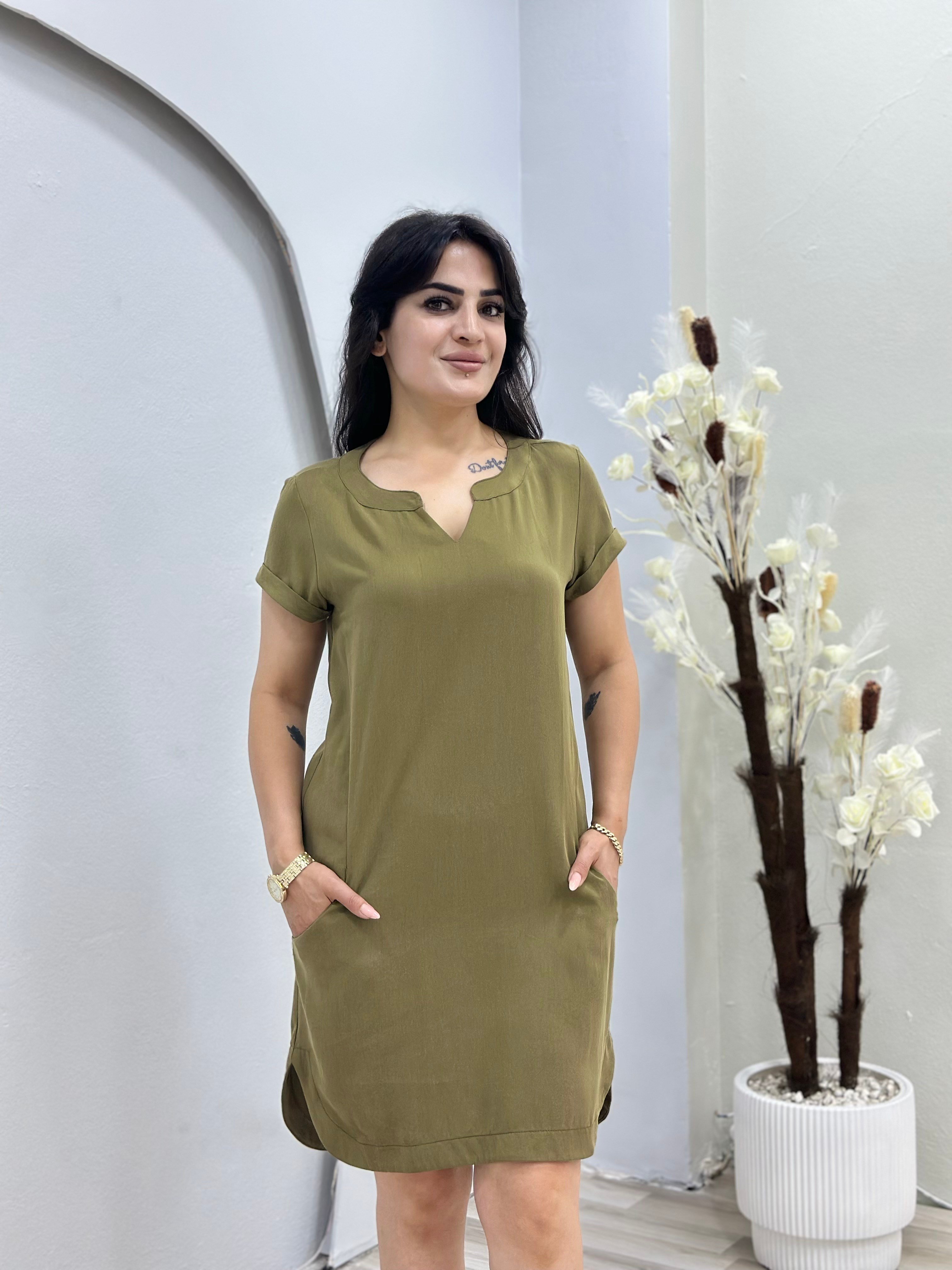 Bukle Haki Yeşili V Yaka Cepli Rahat Kesim Elbise D147