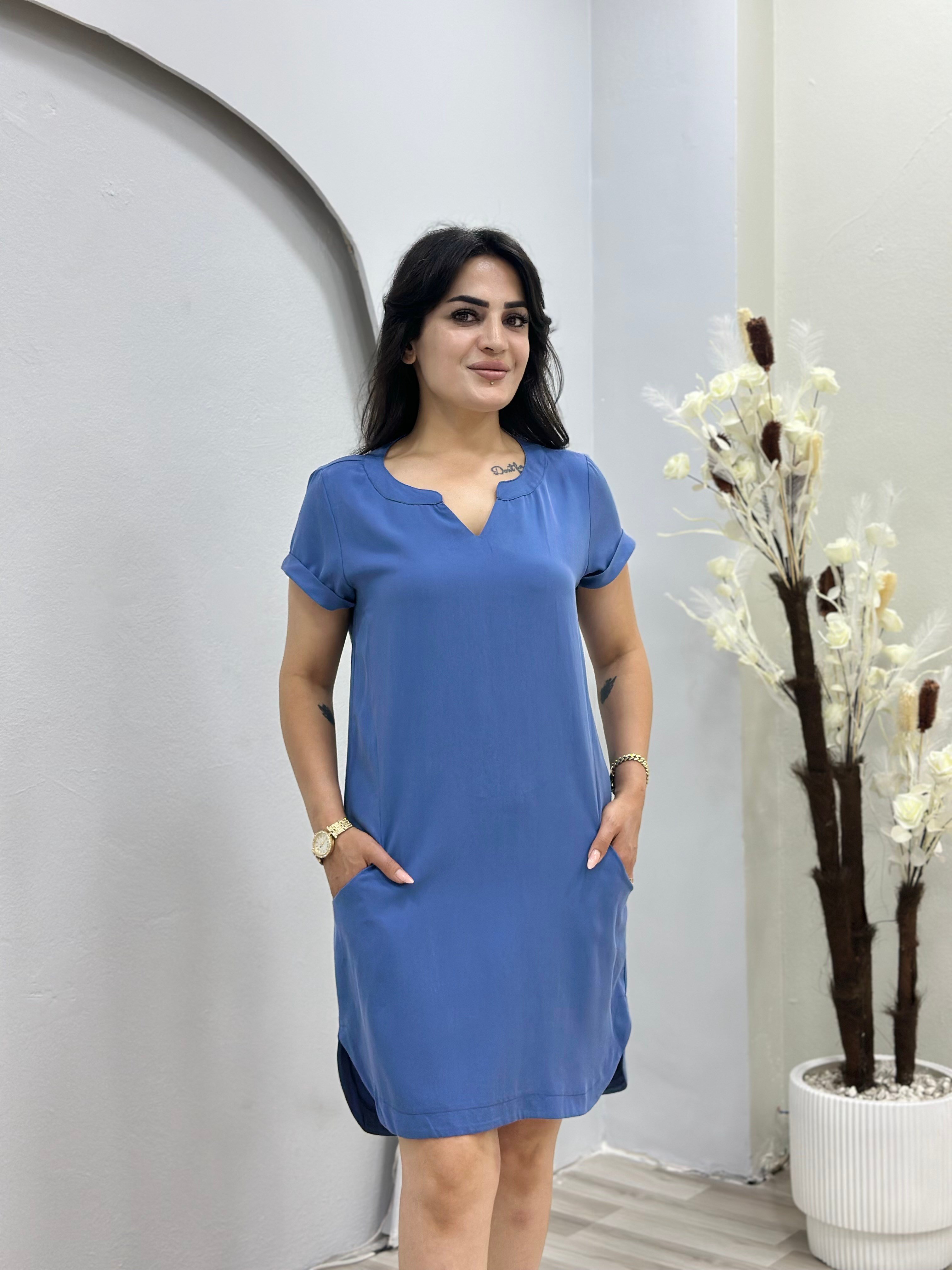 Bukle İndigo Mavi V Yaka Cepli  Rahat Kesim Elbise D147