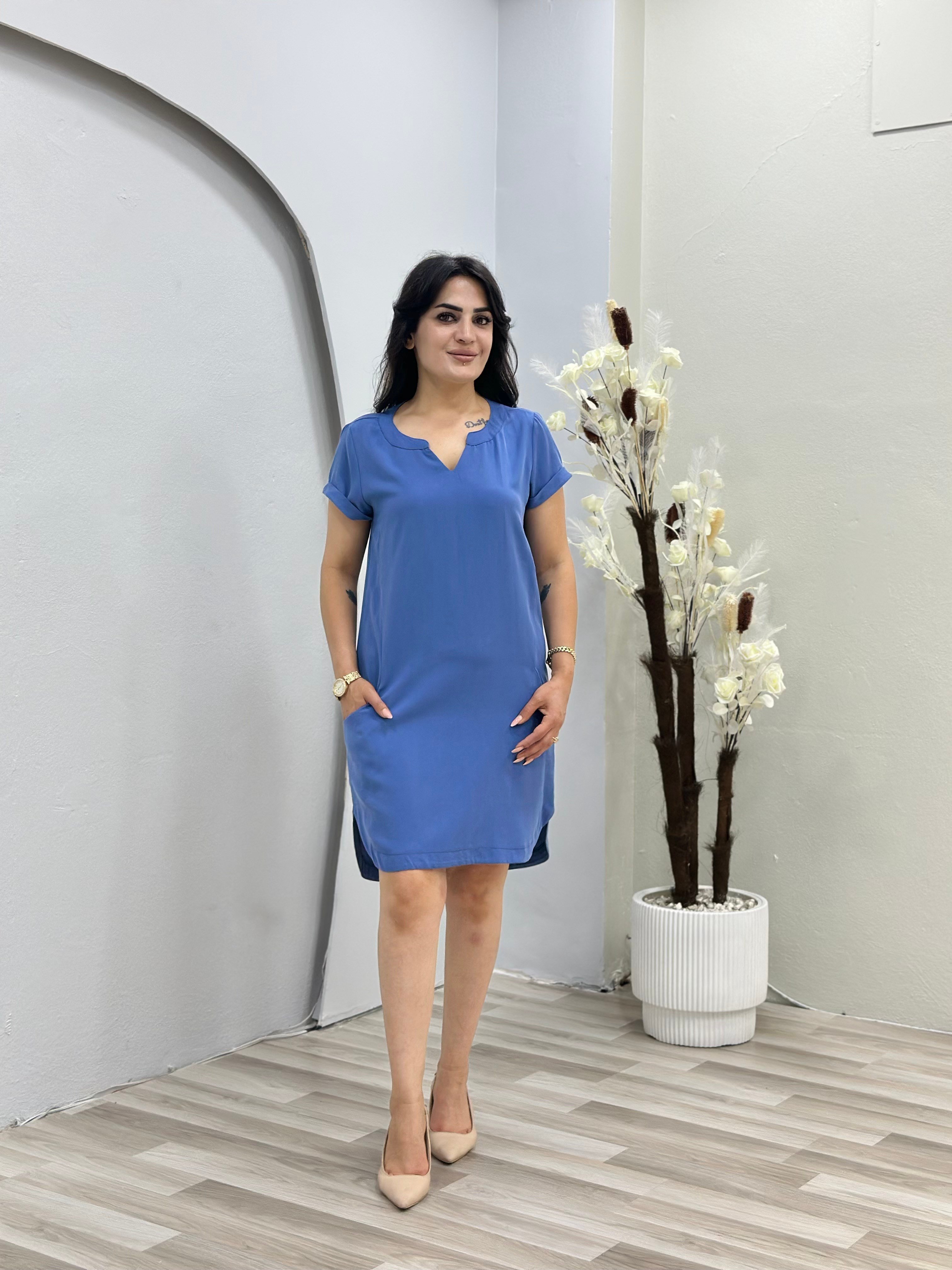 Bukle İndigo Mavi V Yaka Cepli  Rahat Kesim Elbise D147