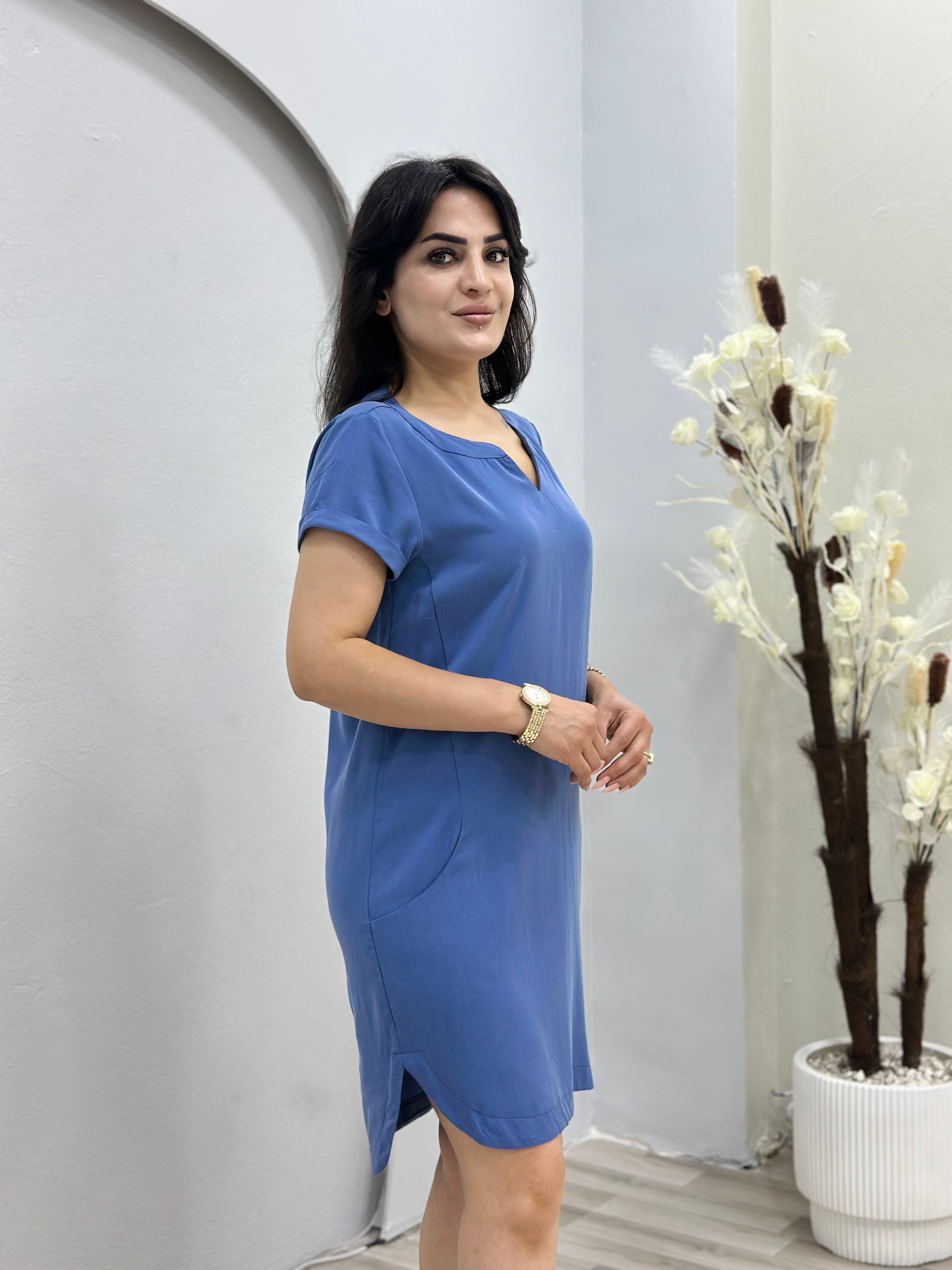 Bukle İndigo Mavi V Yaka Cepli  Rahat Kesim Elbise D147